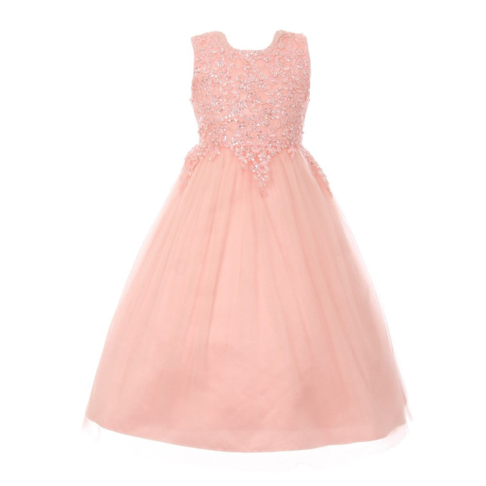 Big Girls Blush Pink Pearl Sequin Tulle Satin Junior Bridesmaid Dress - Size 8-16 | Formal Party Gown for Weddings, Prom & Special Occasions