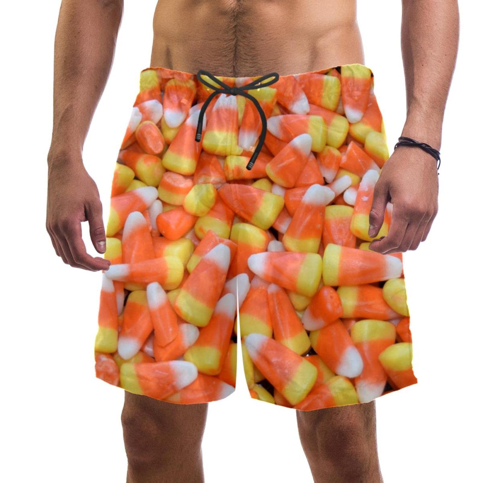 **Men's Halloween Swim Trunks - Elastic Waist Corn Candy Print Board Shorts with Pockets for Beach, Pool & Summer Fun**    *(Perfect for Halloween Parties, Beach Vacations, Poolside Lounging & Water Sports)*