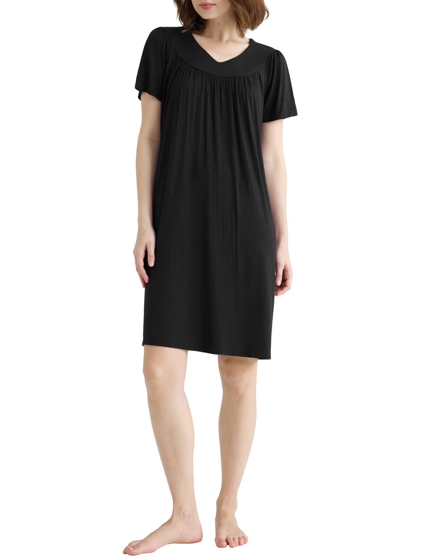 Women's V-Neck Short Sleeve Knee-Length Nightgown with Pockets - Comfortable Sleepwear for Summer & Lounge Wear at Home
