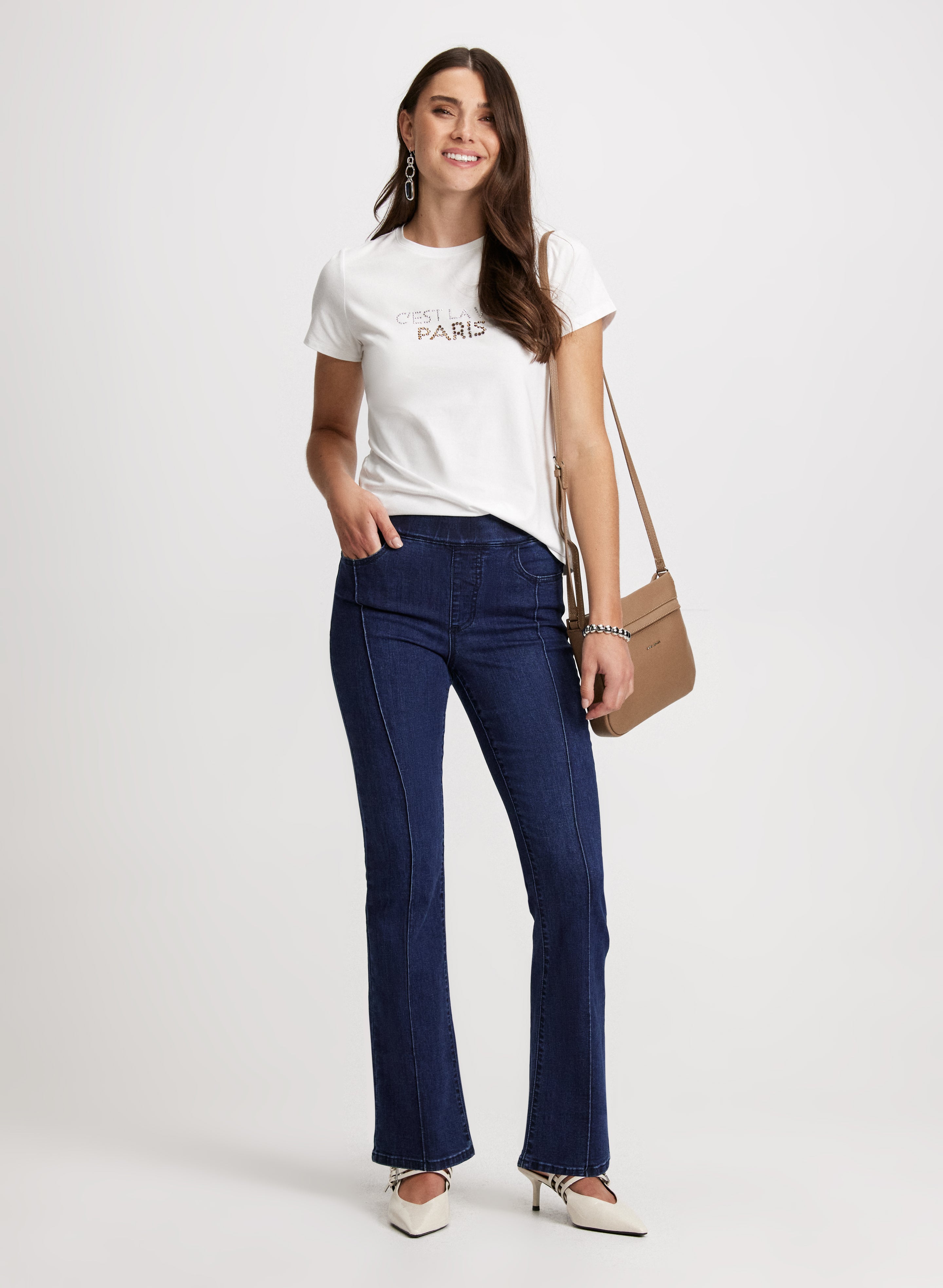 Trendy Embellished Slogan T-Shirt & Stretchy Bootcut Jeans for Women - Perfect for Casual Outfits, Date Nights and Weekend Wear
