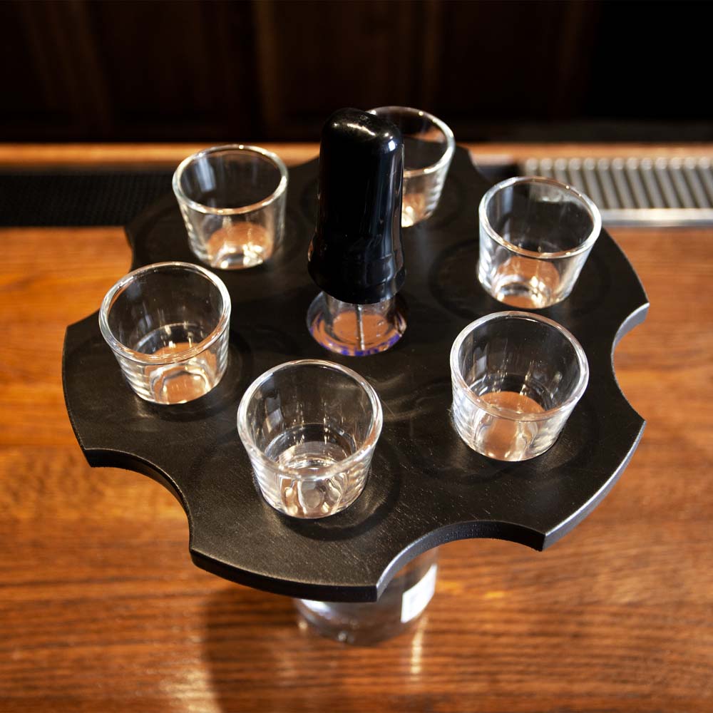 6 Shooter Wooden Shot Glass Holder & Bottle Topper Set - Black or Stained Finish - Perfect for Home Bars, Parties, and Whiskey Lovers