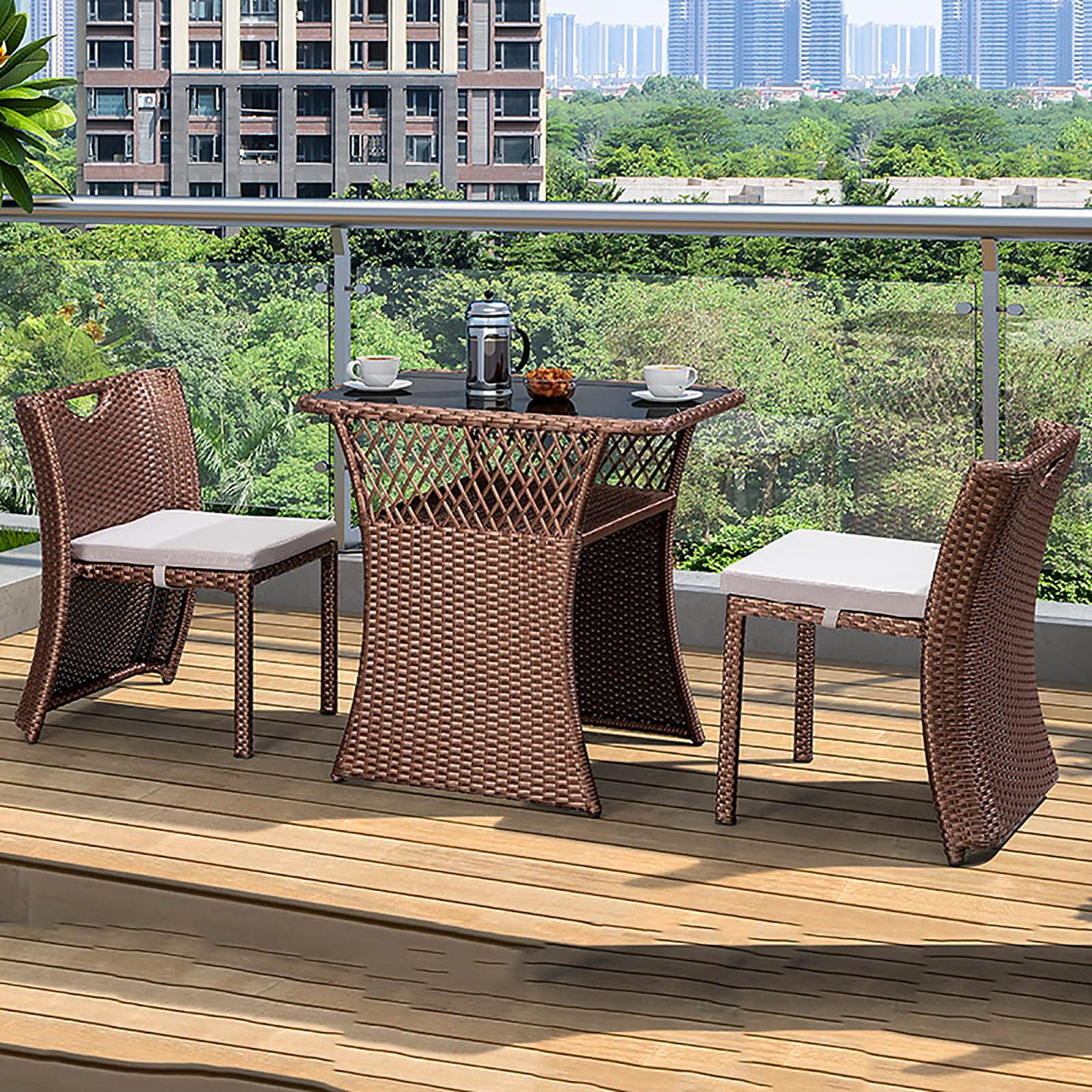QLLL 3-Piece Rattan Bistro Set with Space-Saving Design - Outdoor Patio Furniture Set with Cushioned Chairs - Perfect for Balcony, Garden & Small Spaces - Easy No-Assembly Conversation Set for Relaxing & Entertaining
