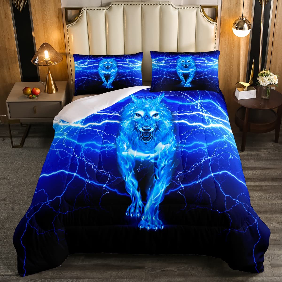 Erosebridal Full Size Wolf Bedding Set - Blue Lightning Tribal Animal Print Comforter with 2 Pillowcases | Exotic African Safari Theme Bedding for Kids, Teens & Adults | Perfect for Jungle Themed Bedrooms, Wildlife Lovers & Unique Home Decor