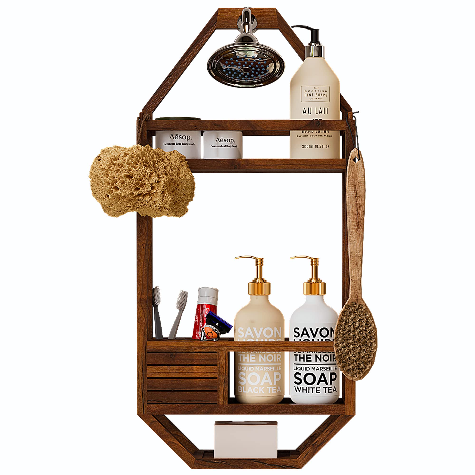 Premium Teak Shower Caddy - 3-Tier Waterproof Bathroom Organizer with Non-Slip Hooks for Shampoo, Soap & Toiletries - Rustproof Indoor/Outdoor Hanging Shower Shelf for Bath, Pool & Spa Use