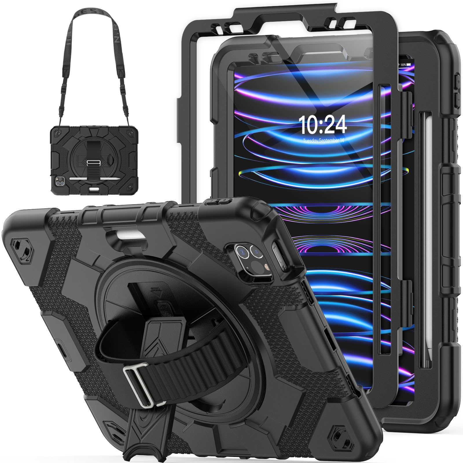 HXCASEAC Protective Case for iPad Pro 11 Inch (1st/2nd/3rd/4th Gen) - Shockproof Kids Cover with Built-in Screen Protector, Apple Pencil Holder & Adjustable Hand/Shoulder Strap - Compatible with iPad Pro 11 2018/2020/2021/2022 Models (Black) | Perfect for School, Travel & Outdoor Activities