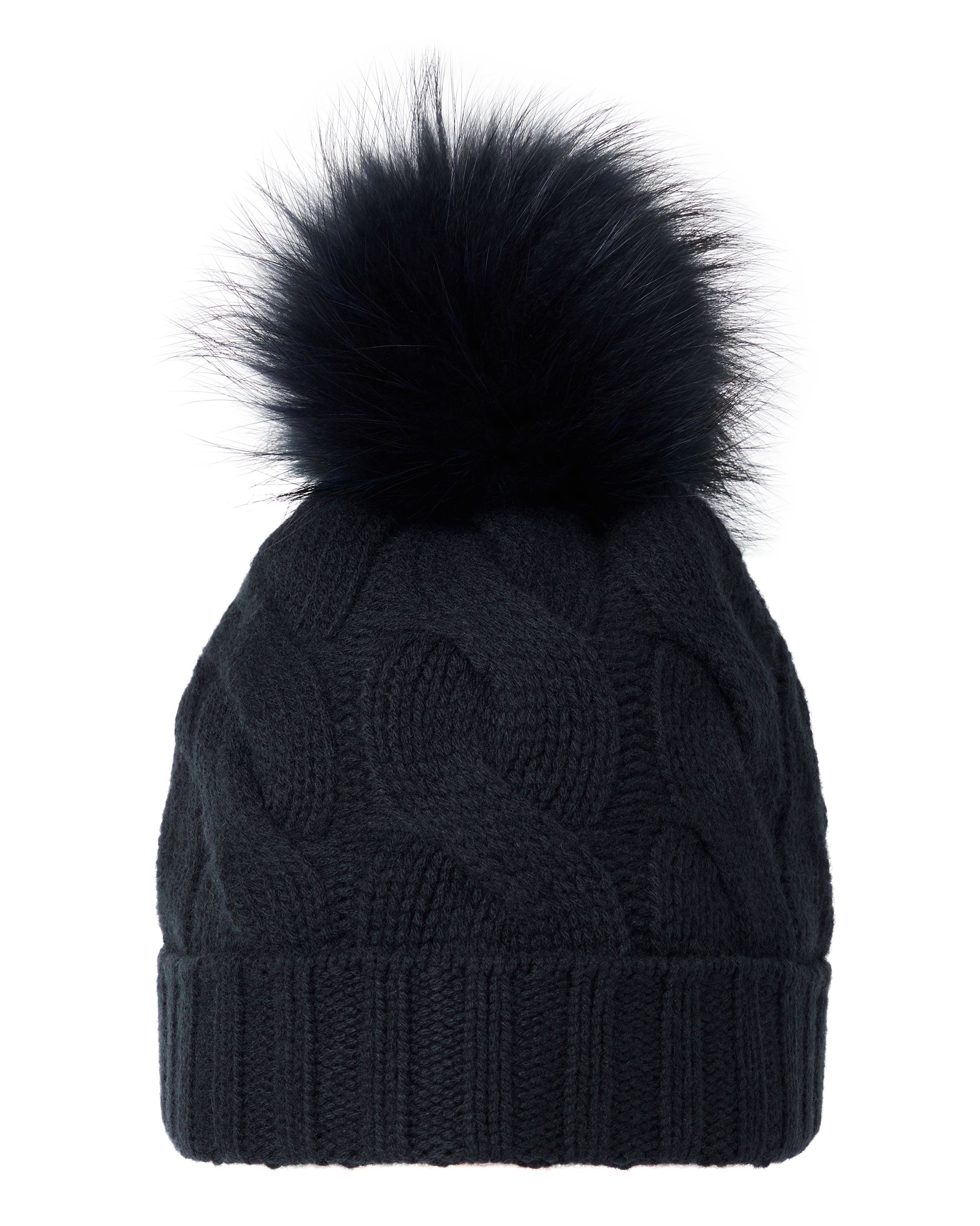 Unisex Chunky Cable Cashmere Beanie with Pom - Navy Blue Winter Hat for Men & Women - Cozy & Warm for Outdoor Activities, Skiing, Snowboarding