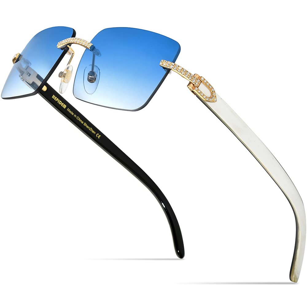 HEPIDEM 100% Genuine Buffalo Horn Rimless Square Sunglasses for Men - UV Protection Polarized Classic Style for Driving, Fishing & Outdoor Activities