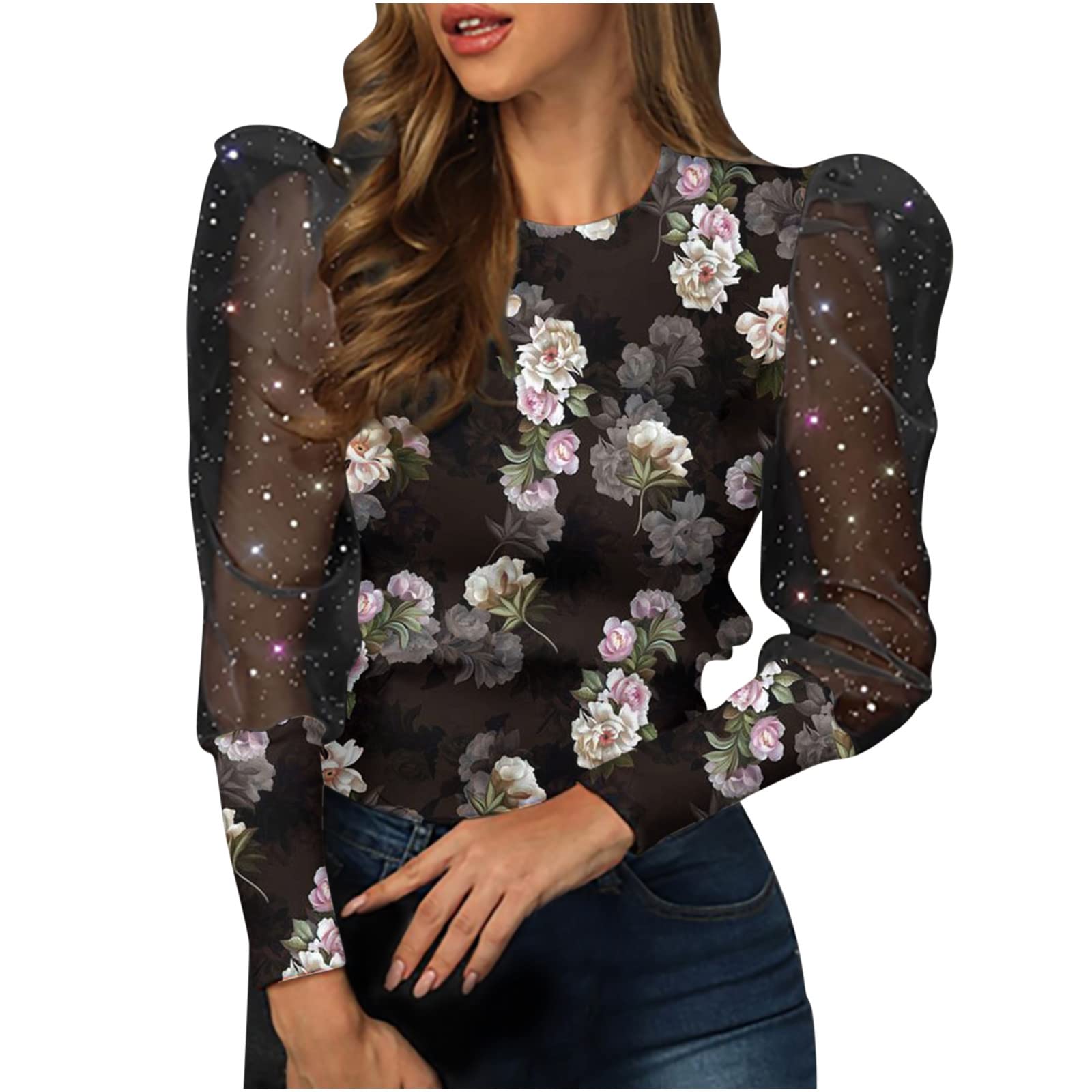Women's Long Sleeve Mesh Floral Print Casual Shirt - Loose Fit Striped Sweatshirt & T-Shirt for Everyday Wear | Perfect for Spring Outfits, Date Nights and Office Casual Looks