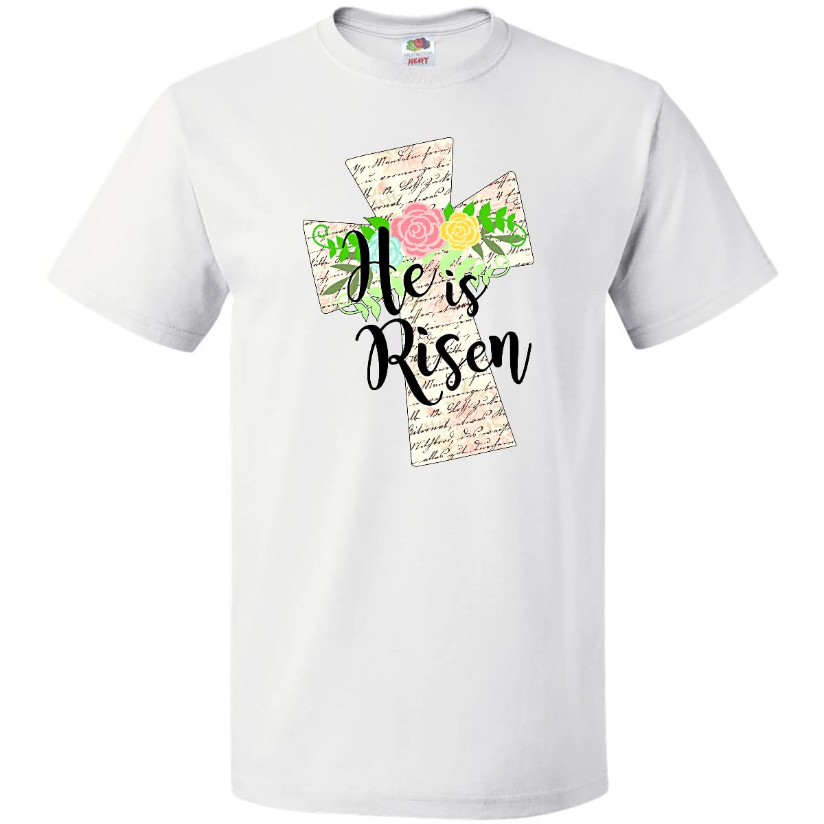 Inktastic He is Risen Cross with Script and Flowers Christian Easter T-Shirt - Religious Apparel for Church, Worship & Holiday Celebrations