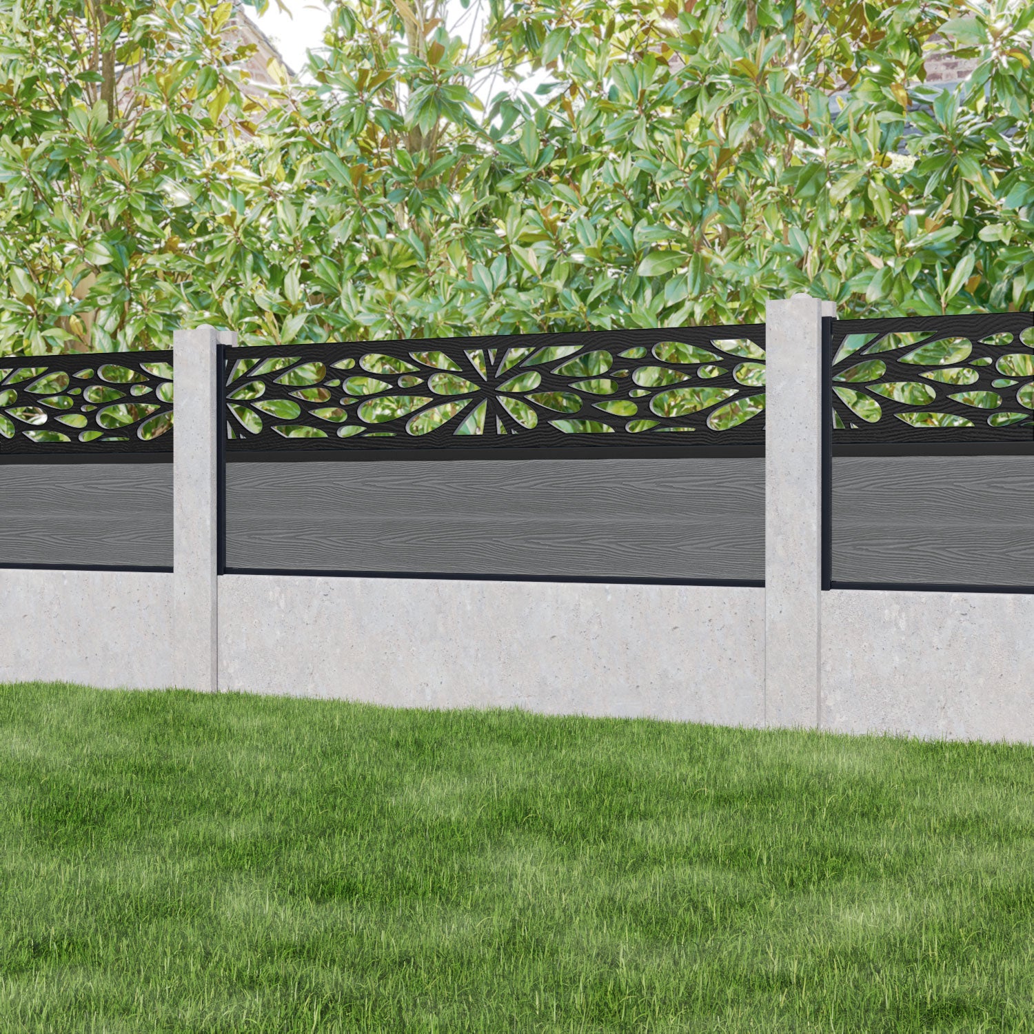 Classic Blossom Fence Panel - Mid Grey - Fits Existing Concrete Posts - Perfect for Garden Privacy & Backyard Decoration