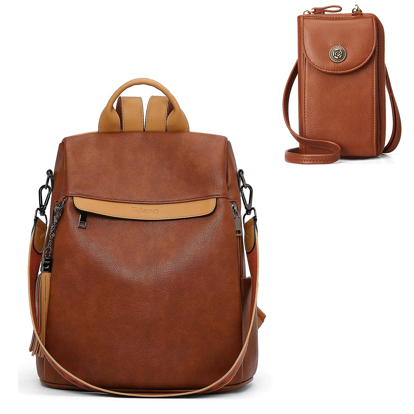 Telena Anti-Theft Travel Backpack Purse for Women - Large Shoulder Bag & Small Crossbody Bag with Wallet - Brown Set | Perfect for Commuting, Shopping & International Travel