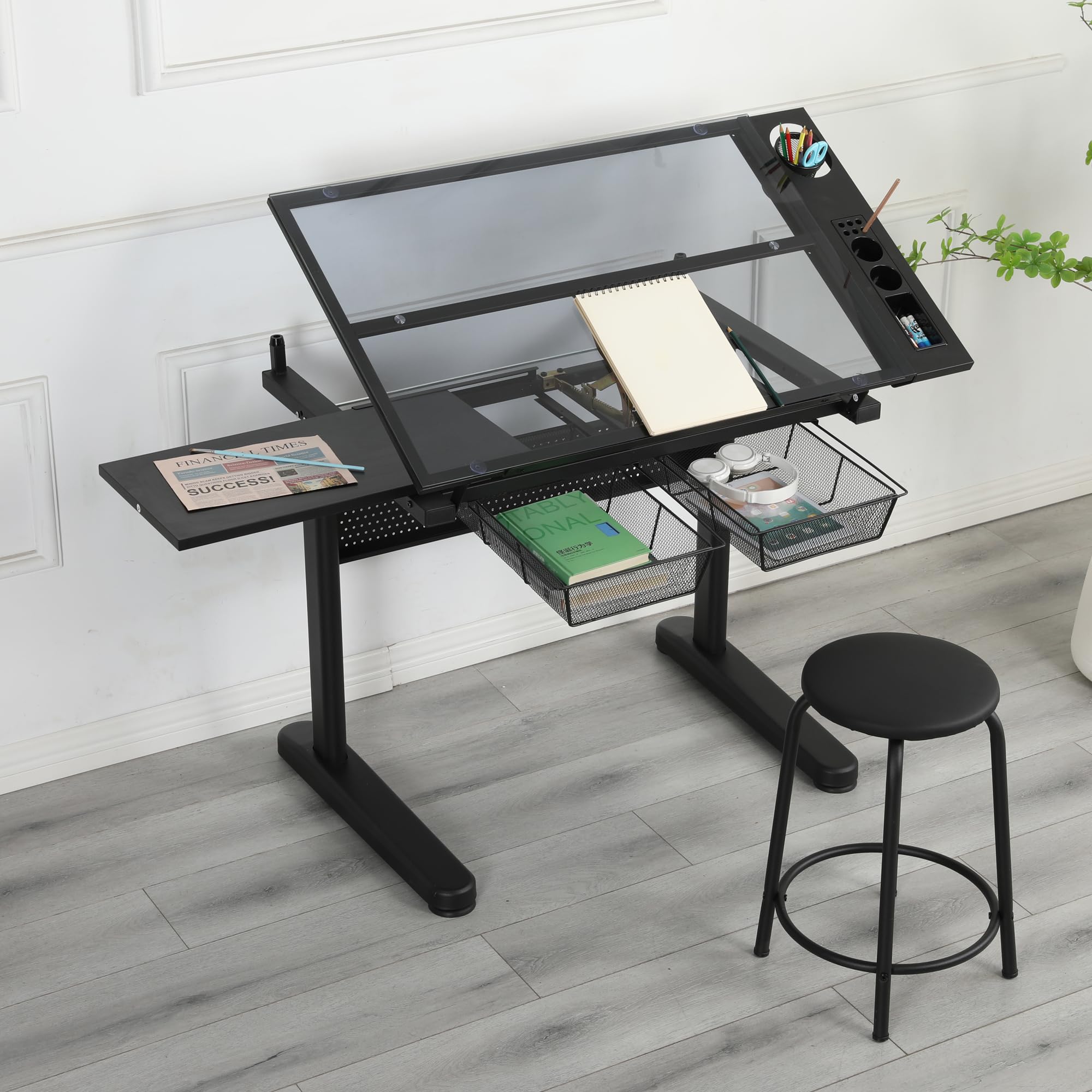Adjustable Drafting Table with Hand Crank, 2 Storage Drawers & Stool - Black Tempered Glass Top, Metal Frame for Artists & Architects | Home Office, Studio & Classroom Use