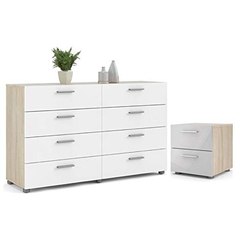 Home Square 2-Piece Bedroom Set with 2-Drawer Nightstand & 8-Drawer Double Dresser in Oak & White Gloss Finish - Perfect for Modern Bedroom Decor & Small Space Organization