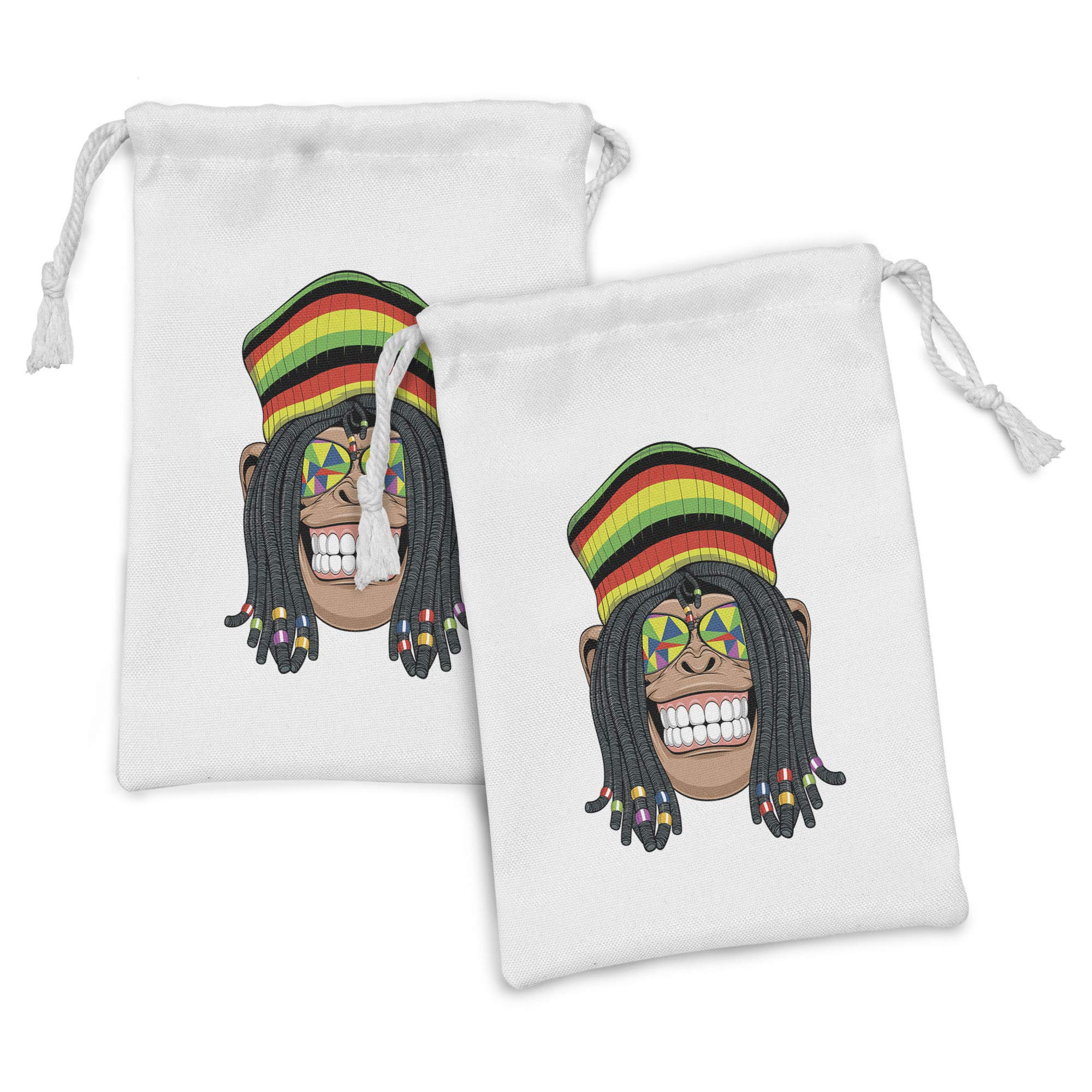 Ambesonne 2-Pack Tropical Animals Fabric Pouches - Chimpanzee with Dreadlocks & Hippie Cap Boho Style Drawstring Bags (9