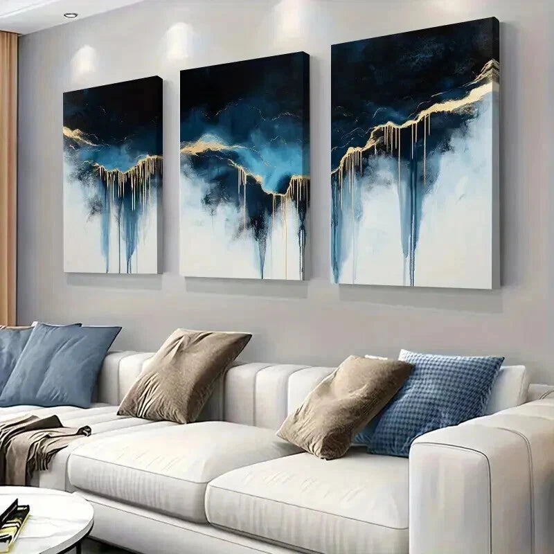3-Piece Abstract Blue & Gold Drip Painting Wall Art Set - Framed Canvas 40x60cm (16x24in) - High Quality Print - 100% Australian Made - Ready to Hang - Perfect for Living Room, Bedroom & Office Decor