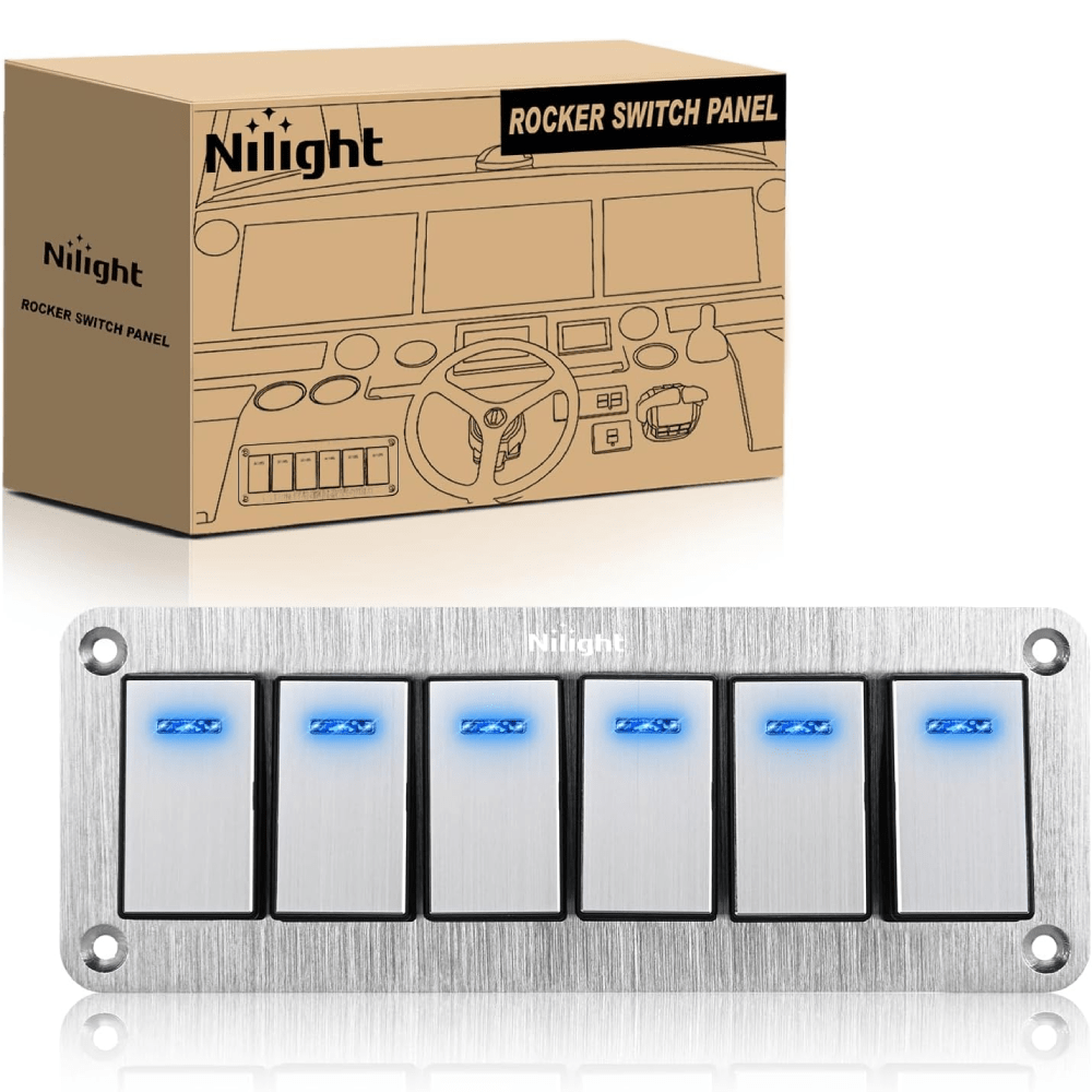 6 Gang Aluminum 3 Pin ON/Off Blue LED Rocker Switch Panel for Marine, RV, Truck & Automotive Electrical Control Systems