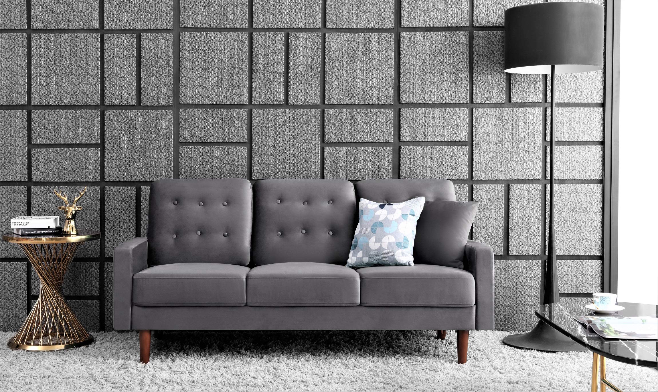 Modern Velvet Upholstered Tufted Sofa with Bolster Pillows, 72 Inch Grey - Luxury Living Room Furniture for Small Spaces & Apartments