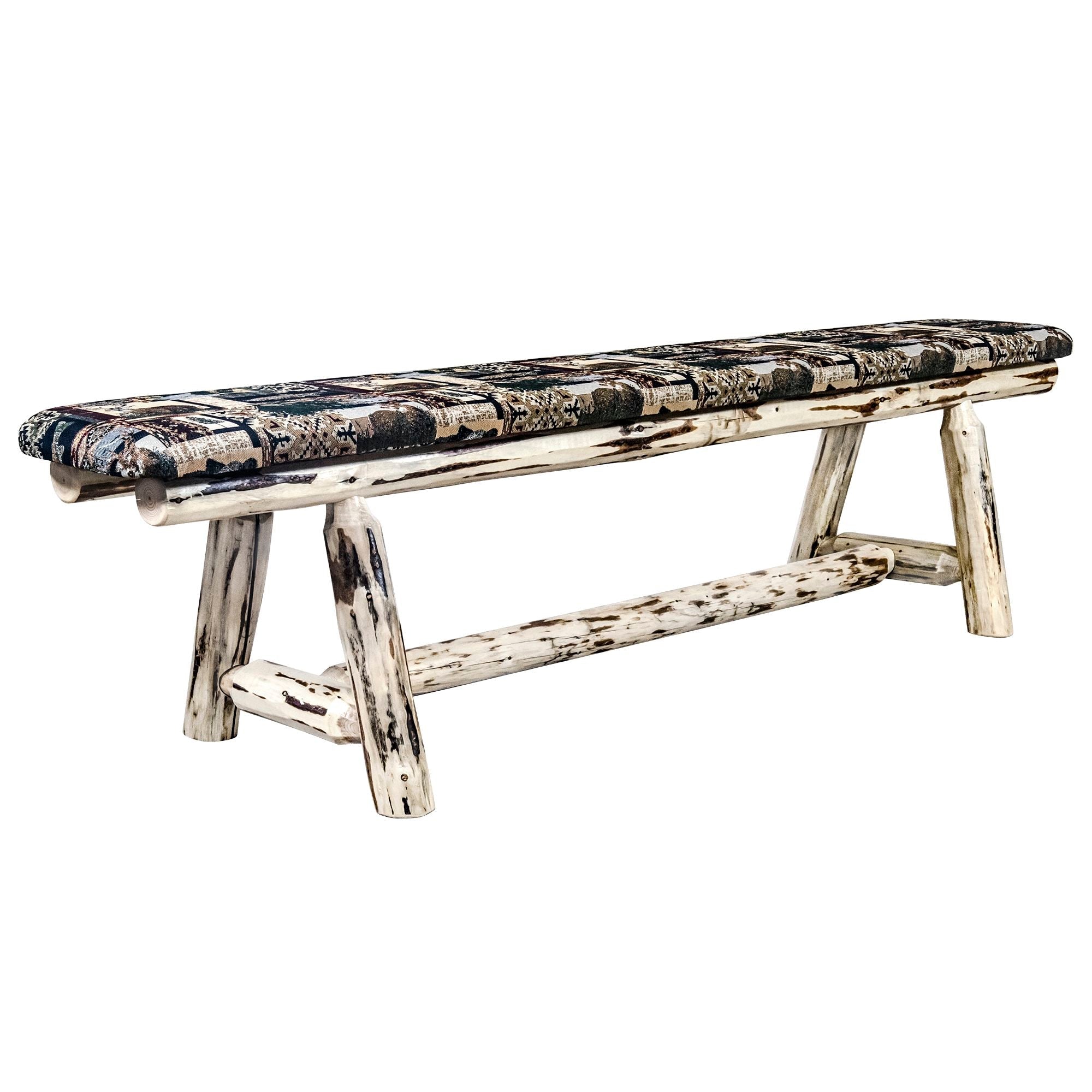 6 Foot Montana Plank Style Bench with Woodland Upholstery - Rustic Wooden Entryway Bench for Hallway, Porch, or Bedroom Decor