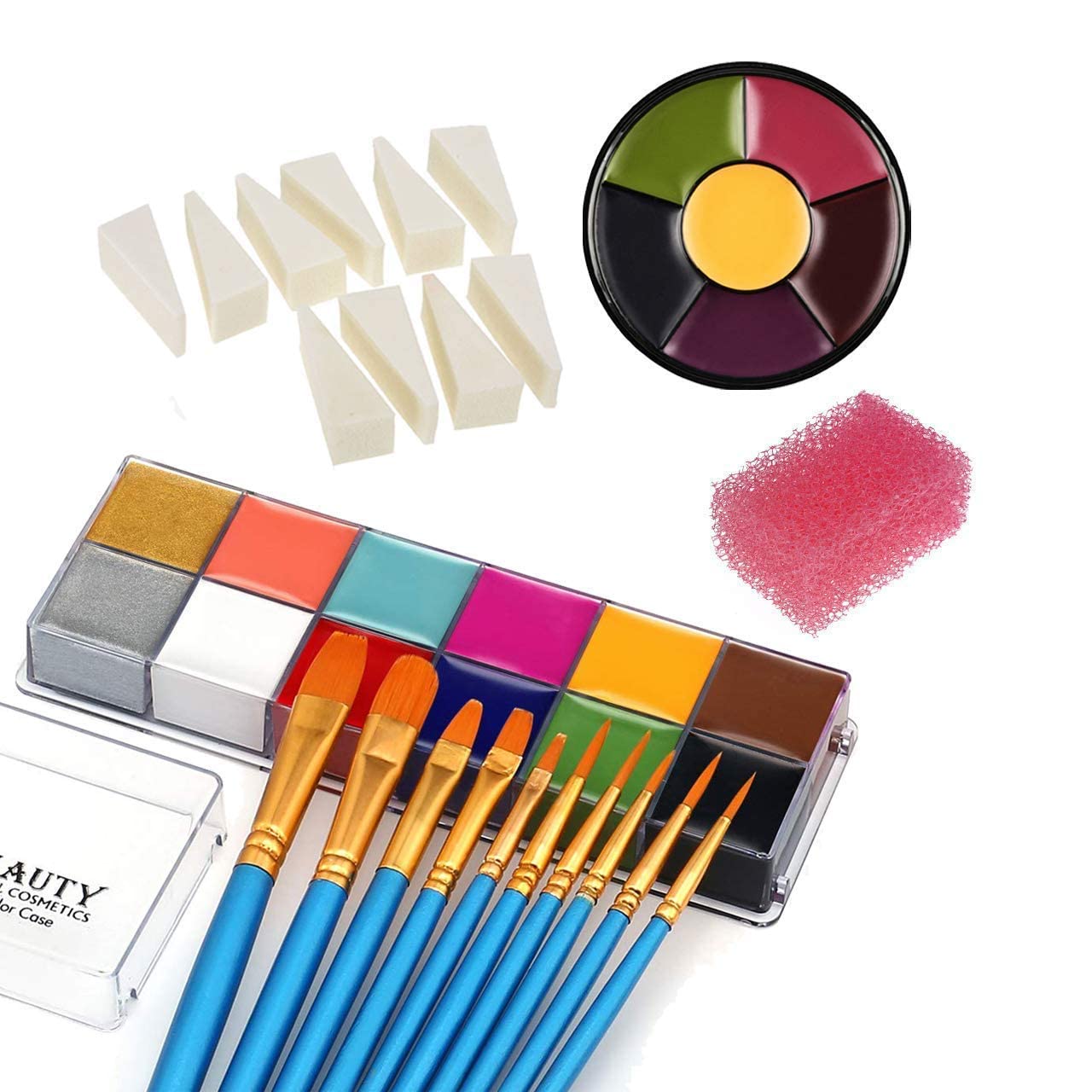 CCbeauty Professional 12-Color Face & Body Paint Oil Kit with 10 Blue Brushes, 6-Color Bruise Wheel, 10 Sponge Wedges & Pink Stipple Sponge - Halloween, Cosplay & Special FX Makeup Set for Artists & Beginners