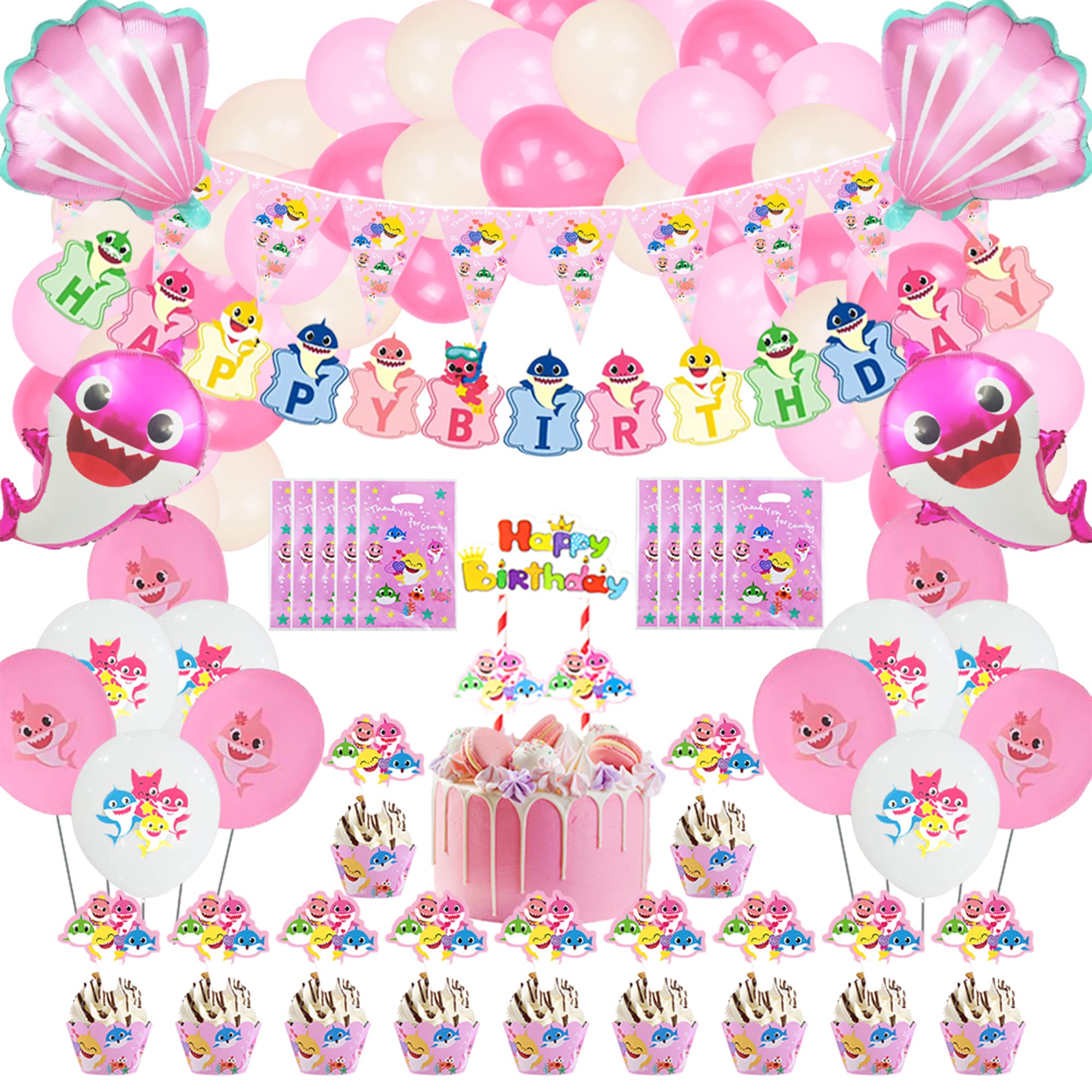 Baby Shark Birthday Party Decorations for Girls - Pink Baby Shark Party Supplies Set with Happy Birthday Banner, Pennants, Foil Balloons, Cake Topper & Gift Bags | Perfect for Kids Birthday Parties, Baby Showers & Themed Celebrations