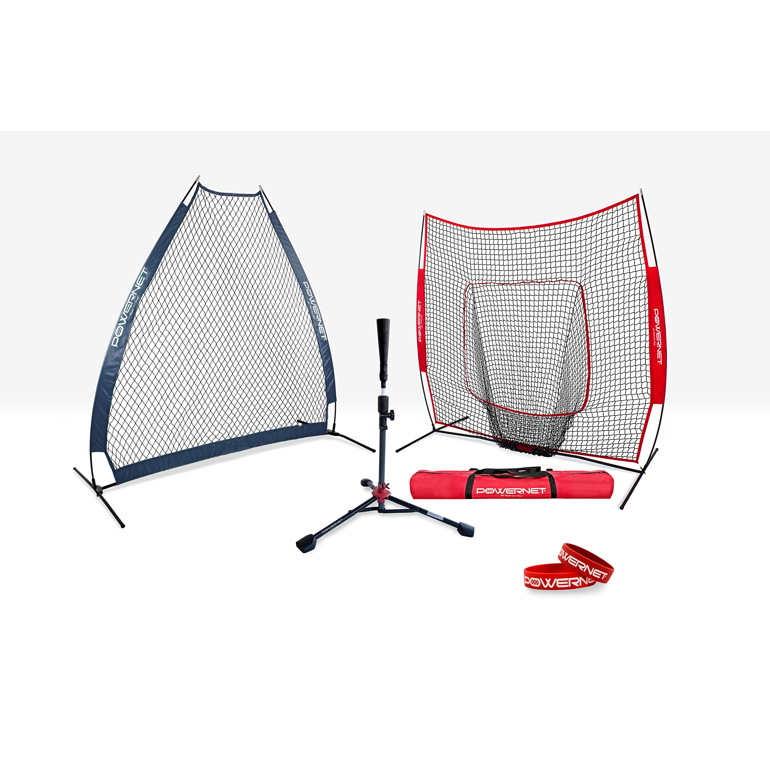 PowerNet 2-Step Baseball & Softball Batting Practice Bundle - 7x7 Hitting Net (Red), Deluxe Batting Tee (2.5 lbs) & 7ft A-Frame Pitching Screen (Navy) | Perfect for Backyard Training, Team Drills & Youth Baseball Practice