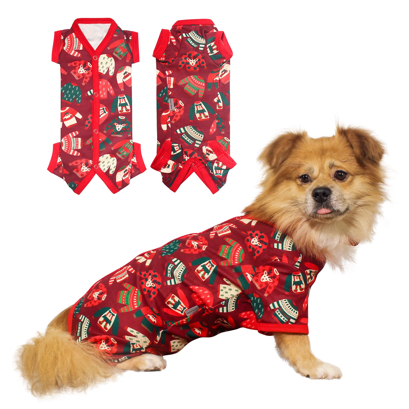 TONY HOBY Dog Pajamas for Small & Medium Dogs - Warm Winter Dog Shirts & Jumpsuit Pajamas (Red, Girl, XS) - Cozy Sleepwear for Cold Weather & Indoor Lounging