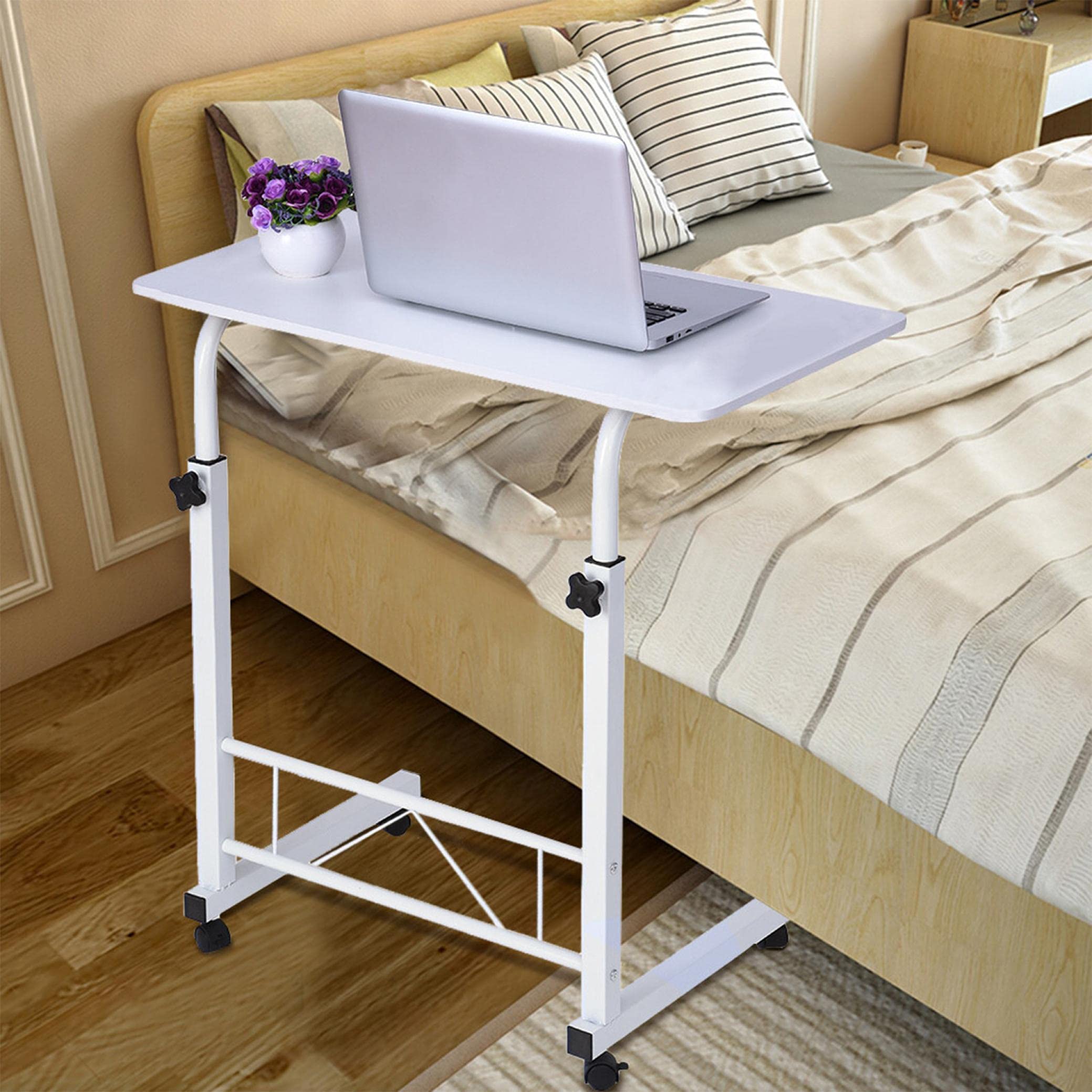 Adjustable Height Rolling Bedside Table with Wheels - Portable Laptop Desk for Dorm, Sofa & Bedroom - Multi-Purpose Side Table for Home Office, Study & Relaxing (White)
