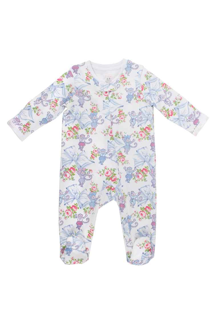 Roller Rabbit x LoveShackFancy Rosa Beaux Monkey Baby Zip-Up Footie Pajamas - Soft Cotton Sleepwear for Infants & Newborns - Perfect for Nursery, Bedtime & Photo Shoots