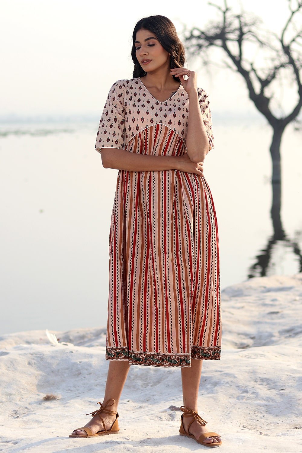 Stylish 'Stripe Garden' Cotton Dress for Women | Comfortable & Breathable Summer Dress | Perfect for Beach Outings, Picnics, and Casual Wear