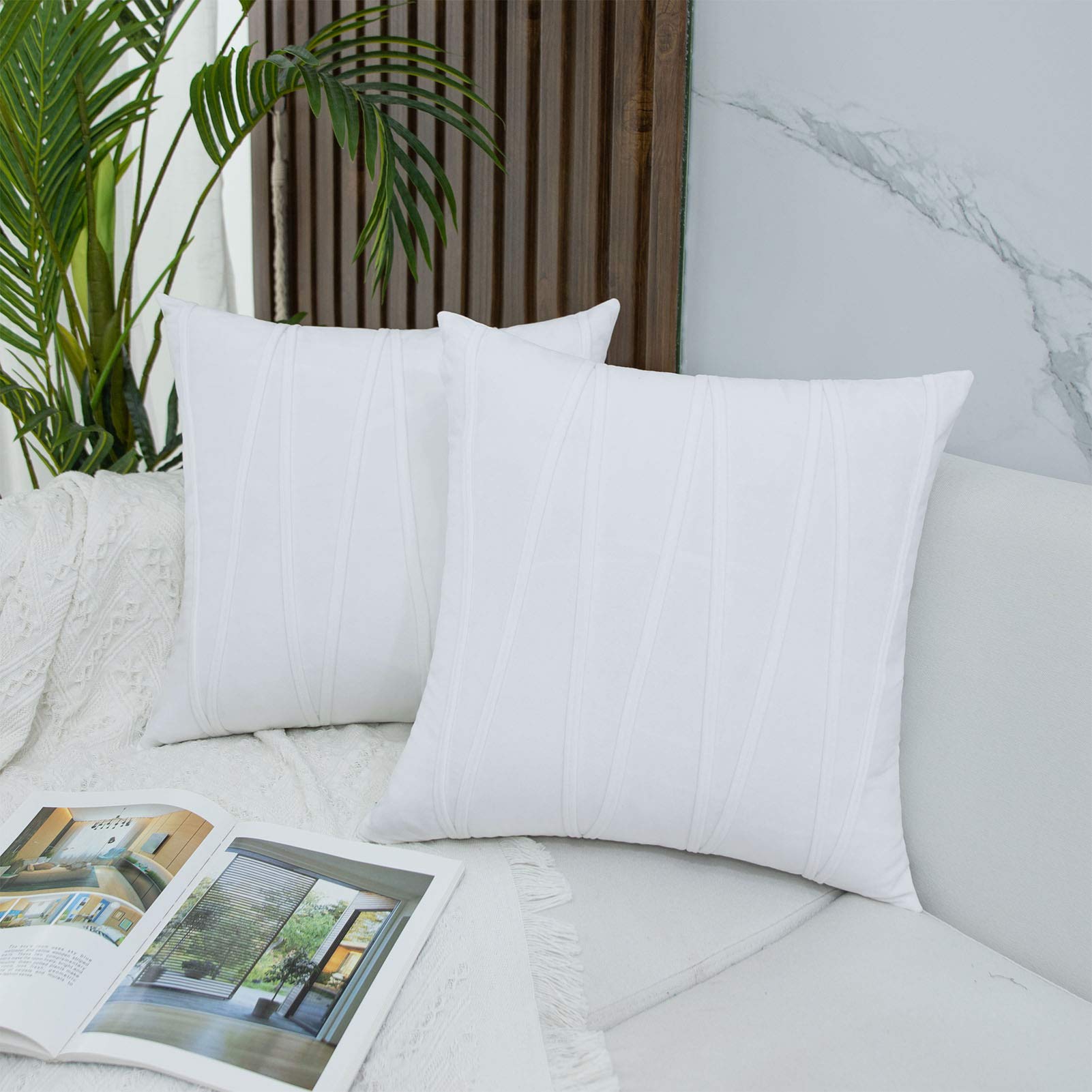 JUSPURBET 24x24 Inch Velvet Striped Throw Pillow Covers - Set of 2 Soft Decorative Cushion Covers for Sofa, Couch, Bed - Elegant Home Decor for Living Room, Bedroom & Dorm (White)