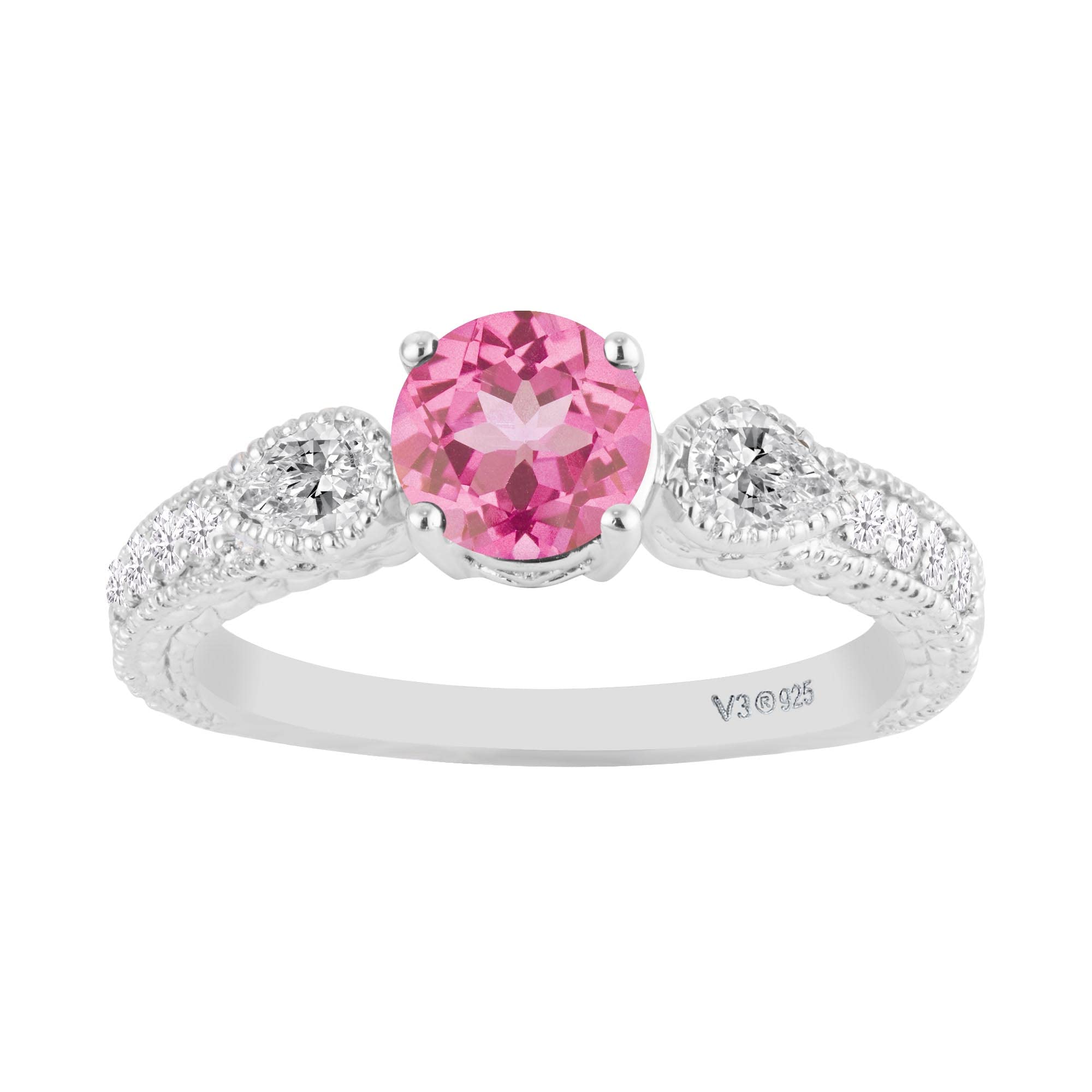 Pink Topaz & White Topaz Sterling Silver Three Stone Ring with Zircon Accents - Elegant Jewelry for Weddings, Anniversaries & Special Occasions