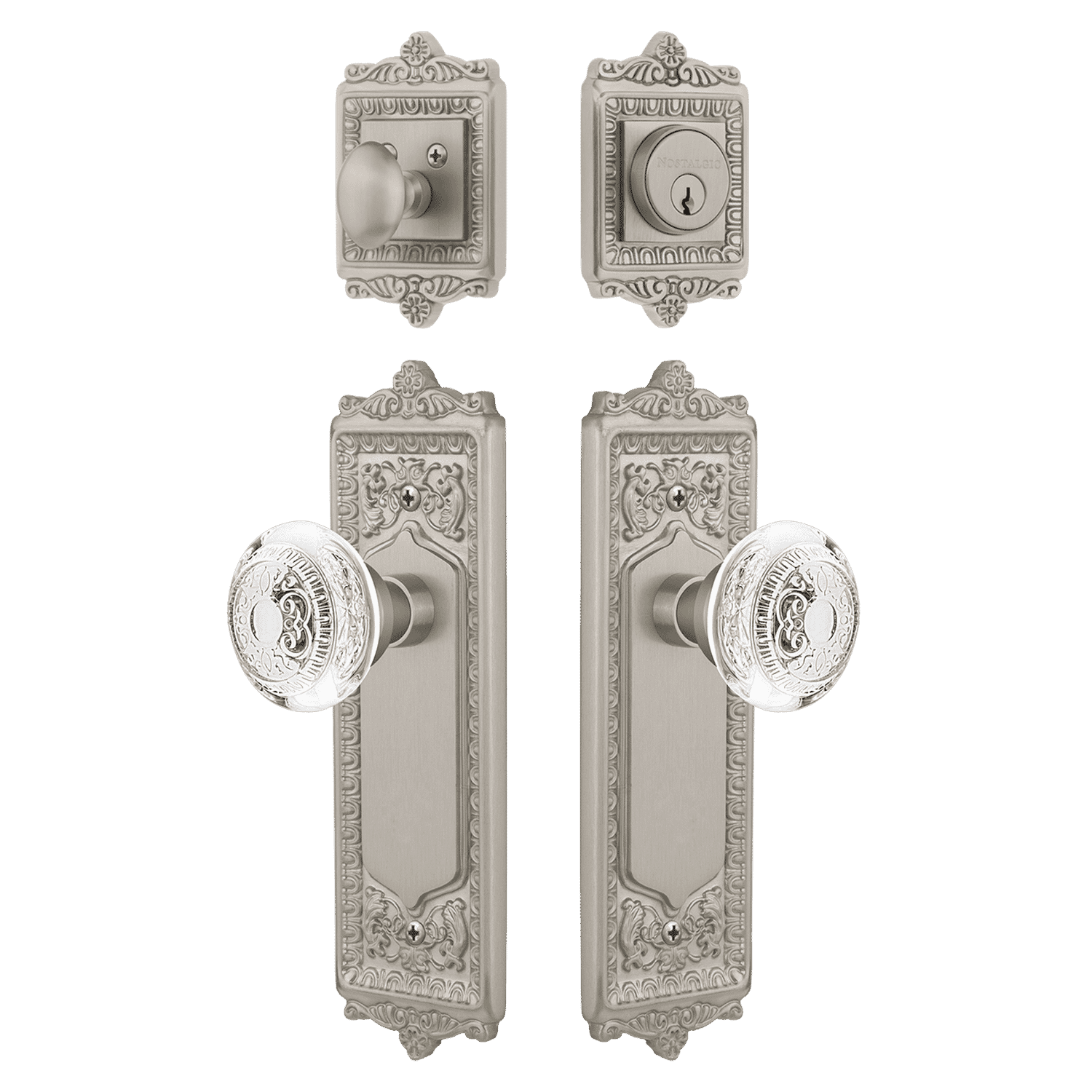 Satin Nickel Egg & Dart Entry Set with Crystal Knob - Elegant Door Hardware for Traditional & Classic Home Decor