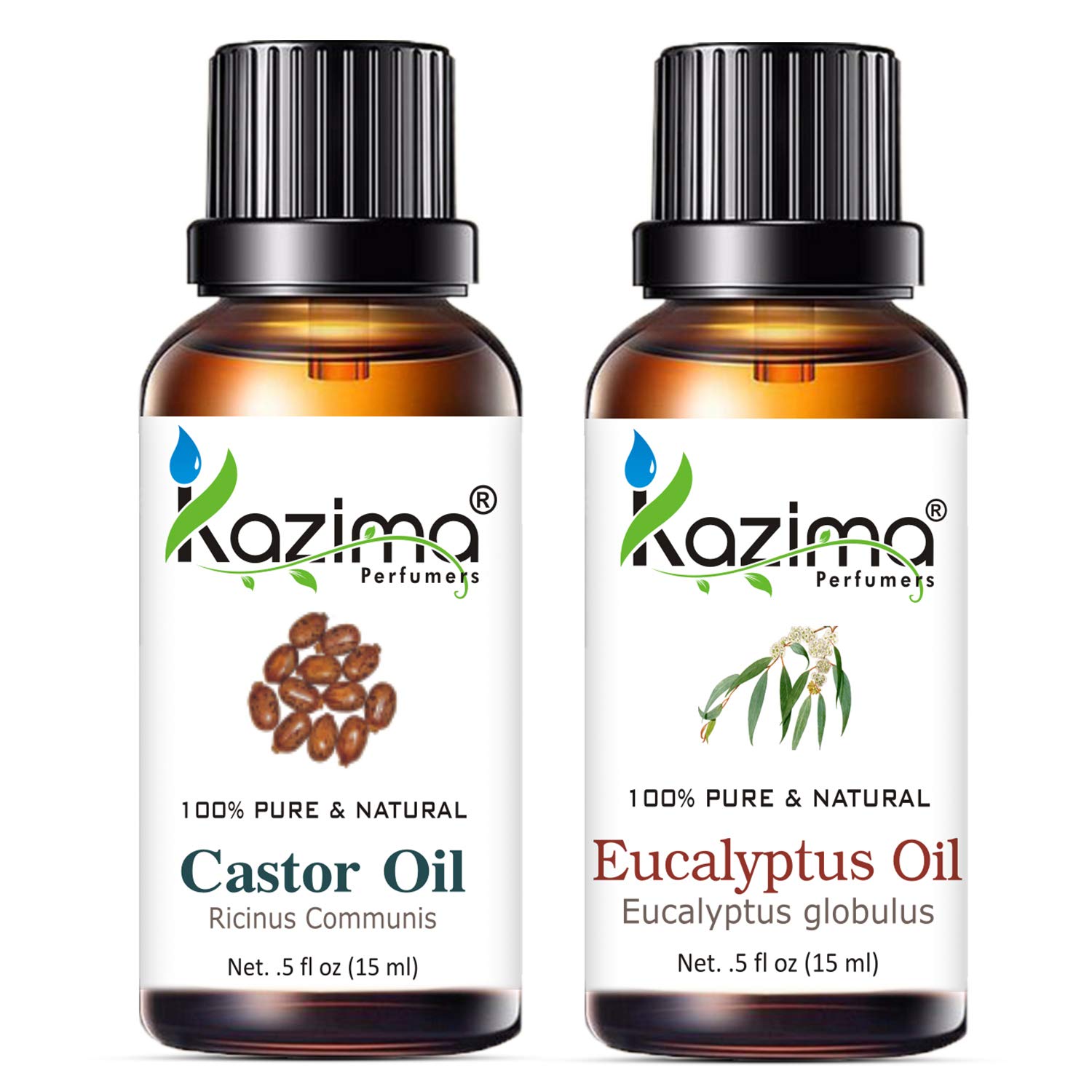 KAZIMA Pure Castor Oil & Eucalyptus Oil Combo - 100% Natural Undiluted Hair Growth Treatment for Scalp Nourishment, Dandruff Control & Skin Moisturization (15ml Each) - Perfect for DIY Hair Masks & Aromatherapy