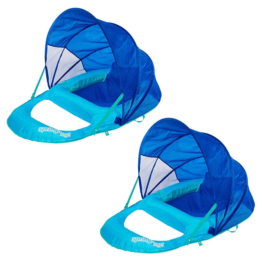 SwimWays Spring Pool Float Recliner with Sun Canopy - 2 Pack Set for Adults, Inflatable Lounge Chair for Pool, Lake & Beach Relaxation