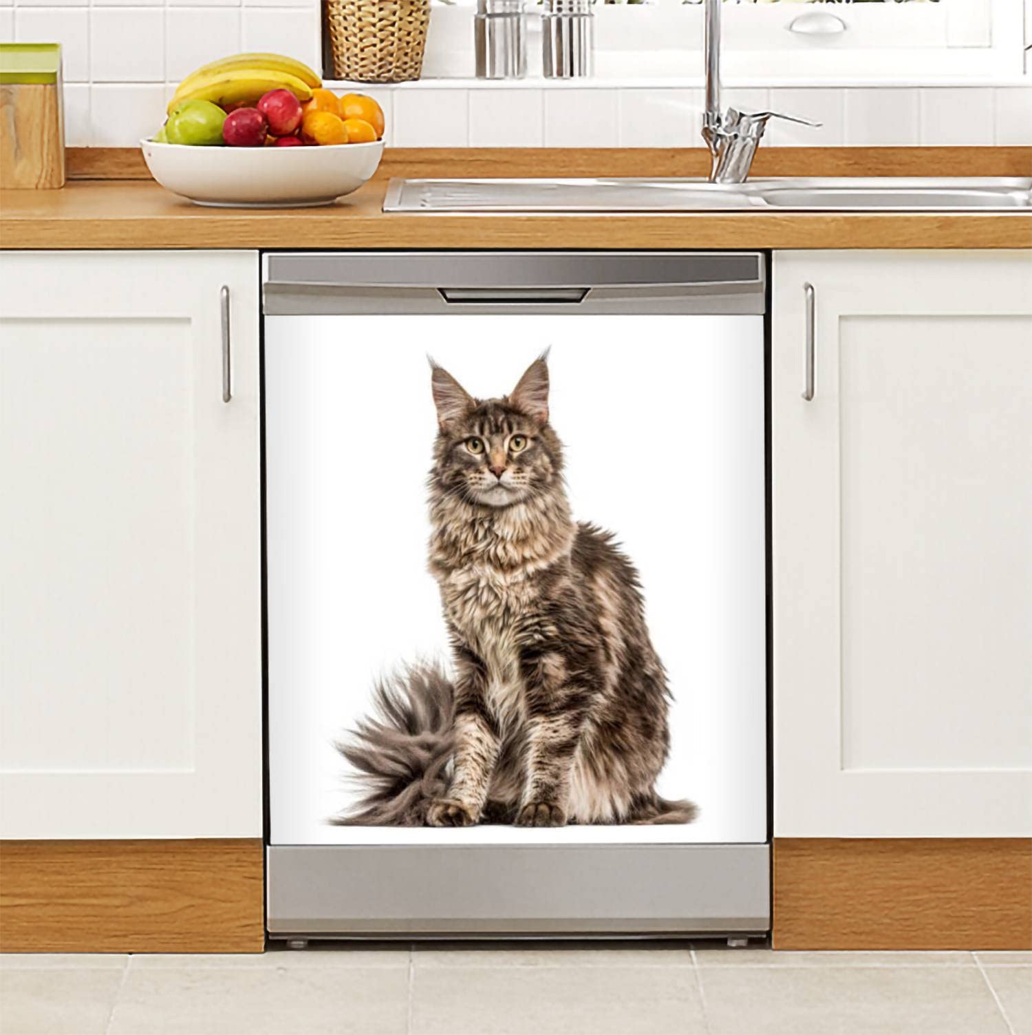 Maine Coon Cat Dishwasher Magnet Sticker - 23x26in White Refrigerator Decal for Kitchen, Fridge & Metal Doors - Funny Appliance Cover for Home & Garage Decor (Perfect for Pet Lovers & Cat Owners)