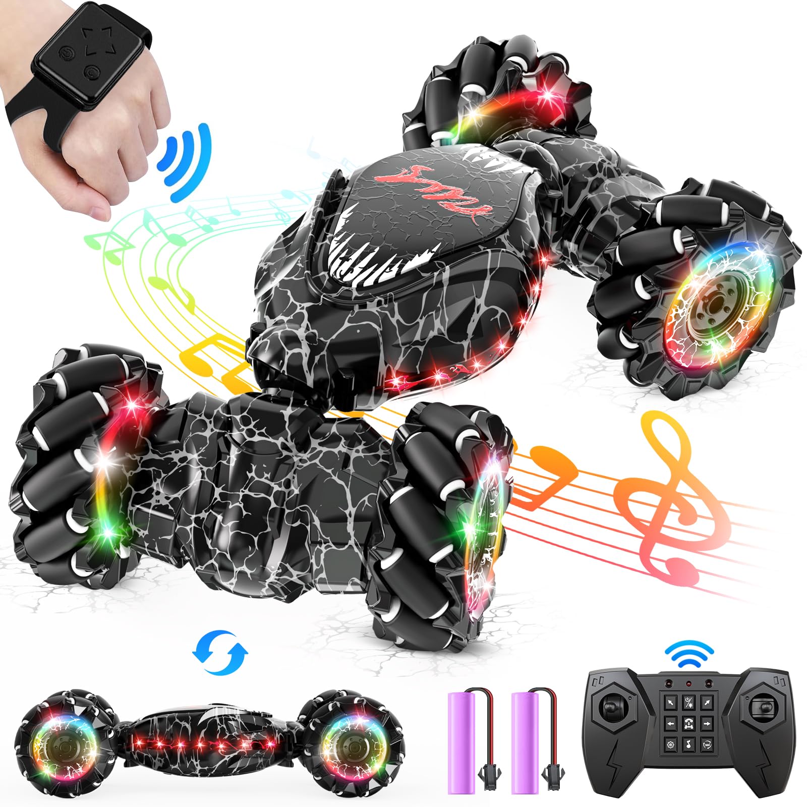 RC Stunt Car 2.4GHz Remote Control, LED Gesture Sensing & 4WD Double Sided Off-Road Drift Car with Lights & Music - All Terrain Rotating Toy for Boys Girls Kids Birthday Christmas Gifts (Black)