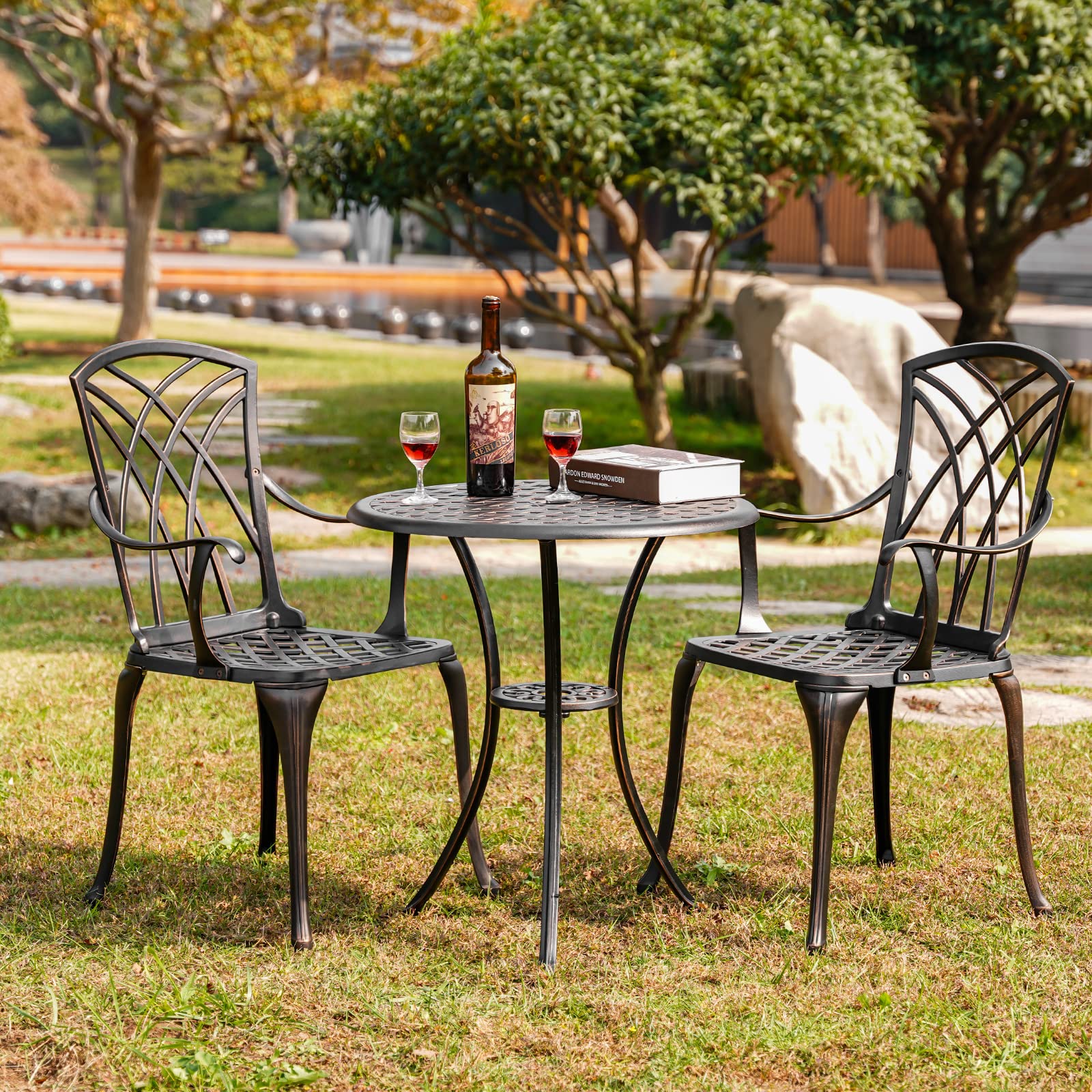 3-Piece Bistro Patio Set - Cast Aluminum Outdoor Furniture with 2 Chairs & Table, All-Weather Garden Set with 1.97