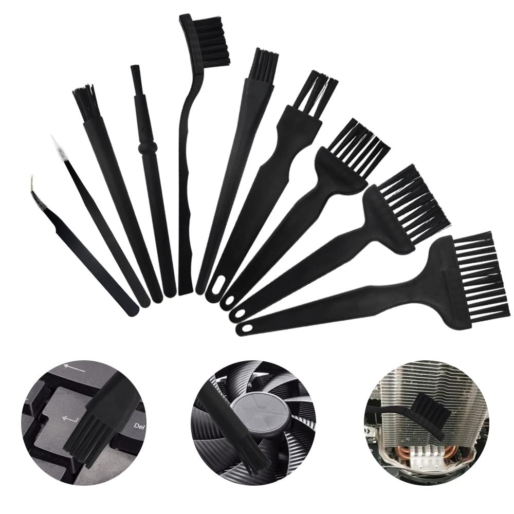 10-in-1 Anti Static Keyboard Cleaning Brush Kit - Portable Nylon Bristle Computer & Car Cleaning Tools with Plastic Handle (Black) - Perfect for Office, Home, Electronics Maintenance and Auto Detailing