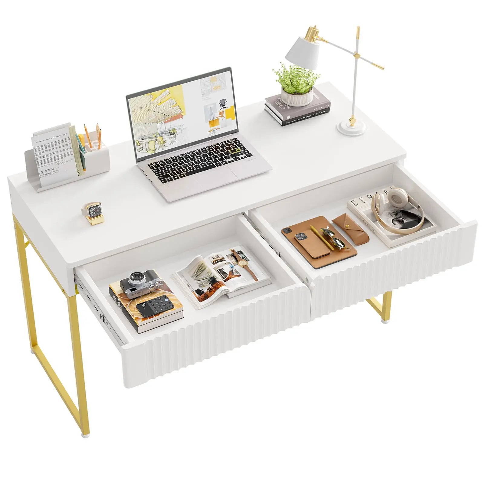 Bestier 47 Inch Wood Computer Desk with Storage Shelf - Home Office Desk with Drawers for Study, Workstation & Gaming Setup - Sturdy Writing Table for Small Spaces & Dorm Rooms