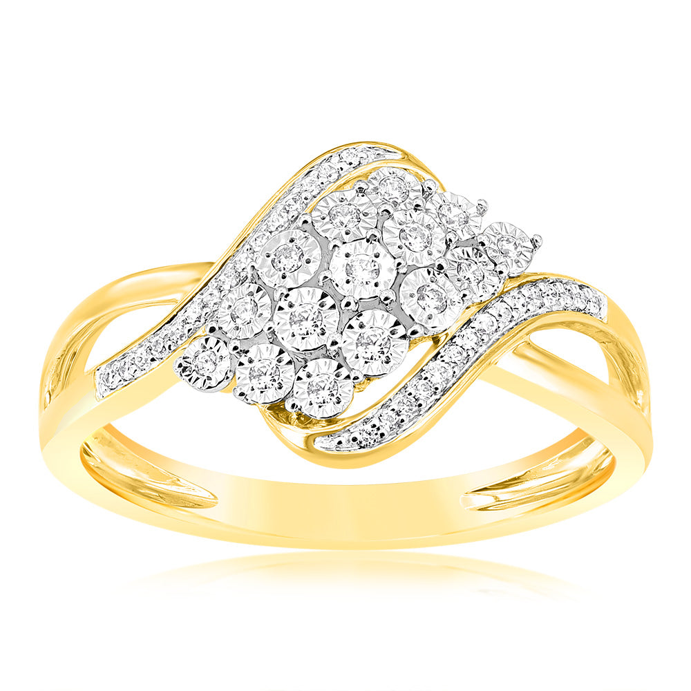 1/10 Carat Diamond Dress Ring in 9ct Yellow Gold - Elegant Wedding & Evening Party Jewelry for Women