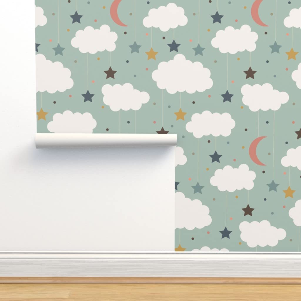 Premium Commercial Grade Wallpaper - 27ft x 2ft Clouds Stars Moon Sky Design | Gender Neutral Nursery Decor | Large Scale Traditional Baby Room Wallpaper by Spoonflower | Perfect for Kids Bedrooms, Playrooms & Daycare Centers
