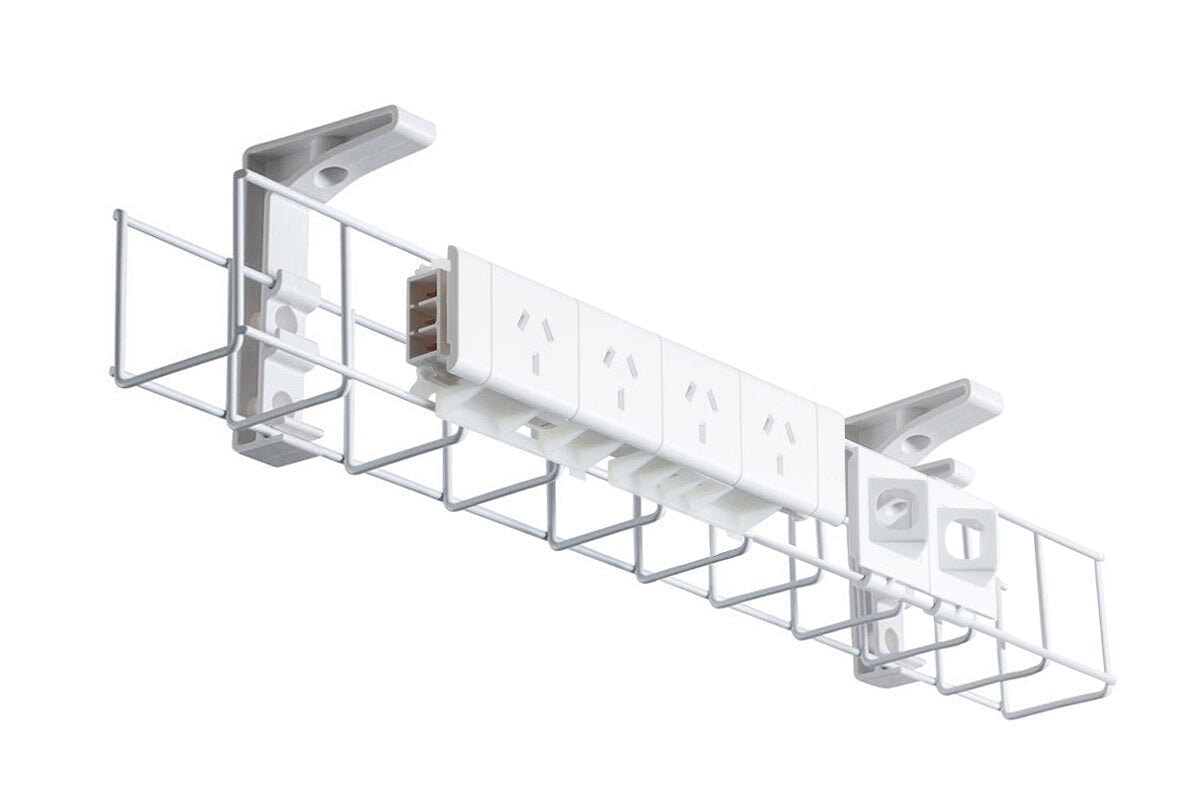 Cable Management Basket with Tray - Single Metal Organizer Includes 4 Power & 2 Data Ports (9.5