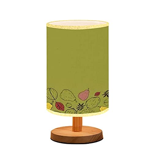 Minimalist Wooden Nightstand Lamp with Flaxen Fabric Shade - Autumn Doodle Pattern Bedside Table Light for Bedroom, Living Room & Nursing - Warm Yellow LED Desk Lamp for Cozy Reading & Breastfeeding Lighting