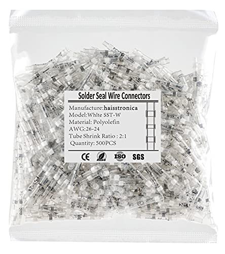500PCS White Solder Seal Wire Connectors AWG26-24 - Haisstronica Marine Grade Waterproof Electrical Connectors for Boats, Cars & Outdoor Wiring - Heat Shrink Butt Splice Connectors with Insulation for Secure Wire Connections