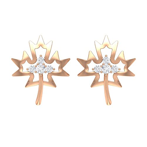 14K Solid Gold Round Diamond Stud Earrings with Gold Leaf Design - Elegant Women's Jewelry for Weddings, Parties & Special Occasions