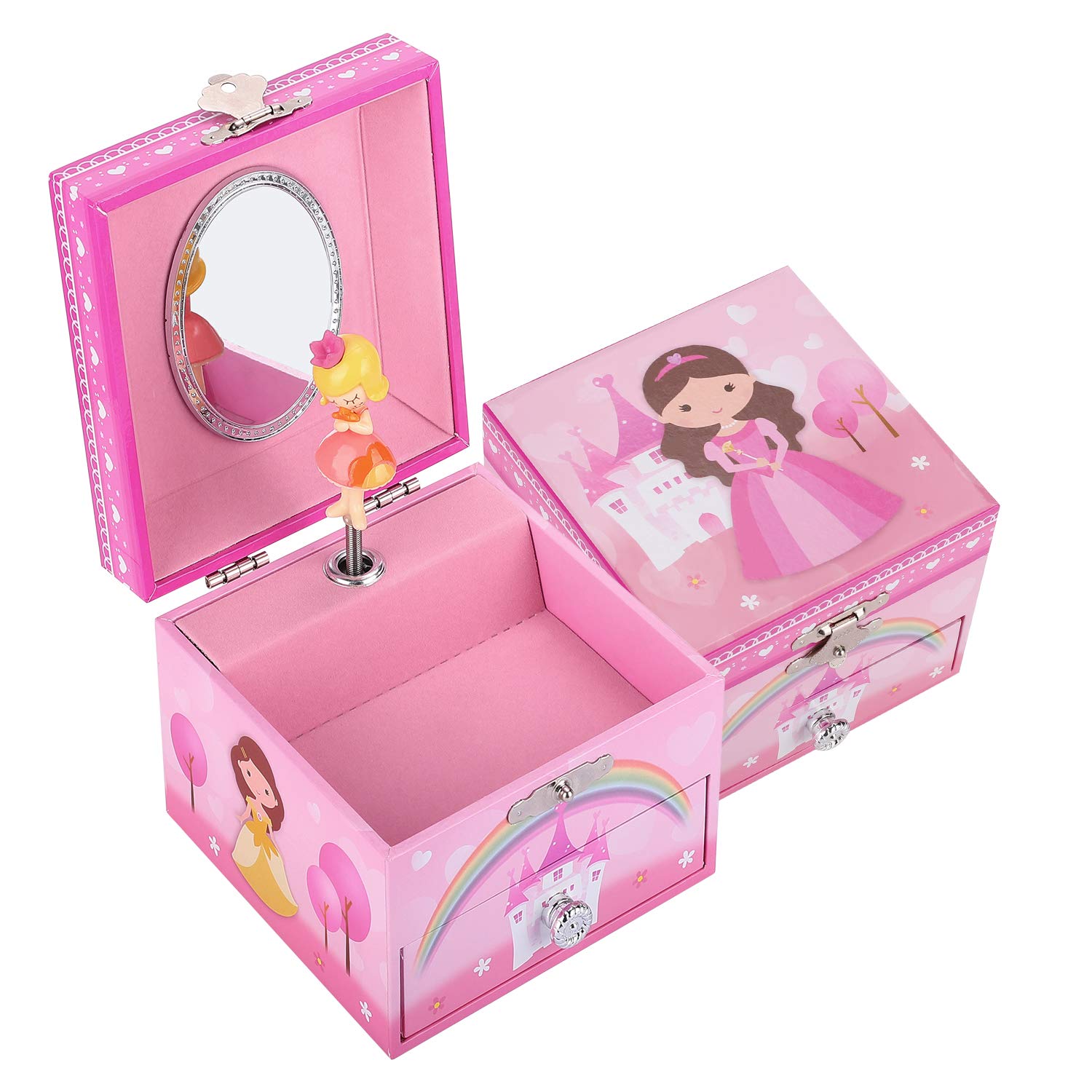 TAOPU Sweet Square Musical Jewelry Box with Pullout Drawer & Spinning Princess - Jewelry Storage Case for Girls, Perfect for Birthday Gifts, Room Decor & Keepsake Organization (Pink) - Play Melodies While Storing Rings, Necklaces & Treasures