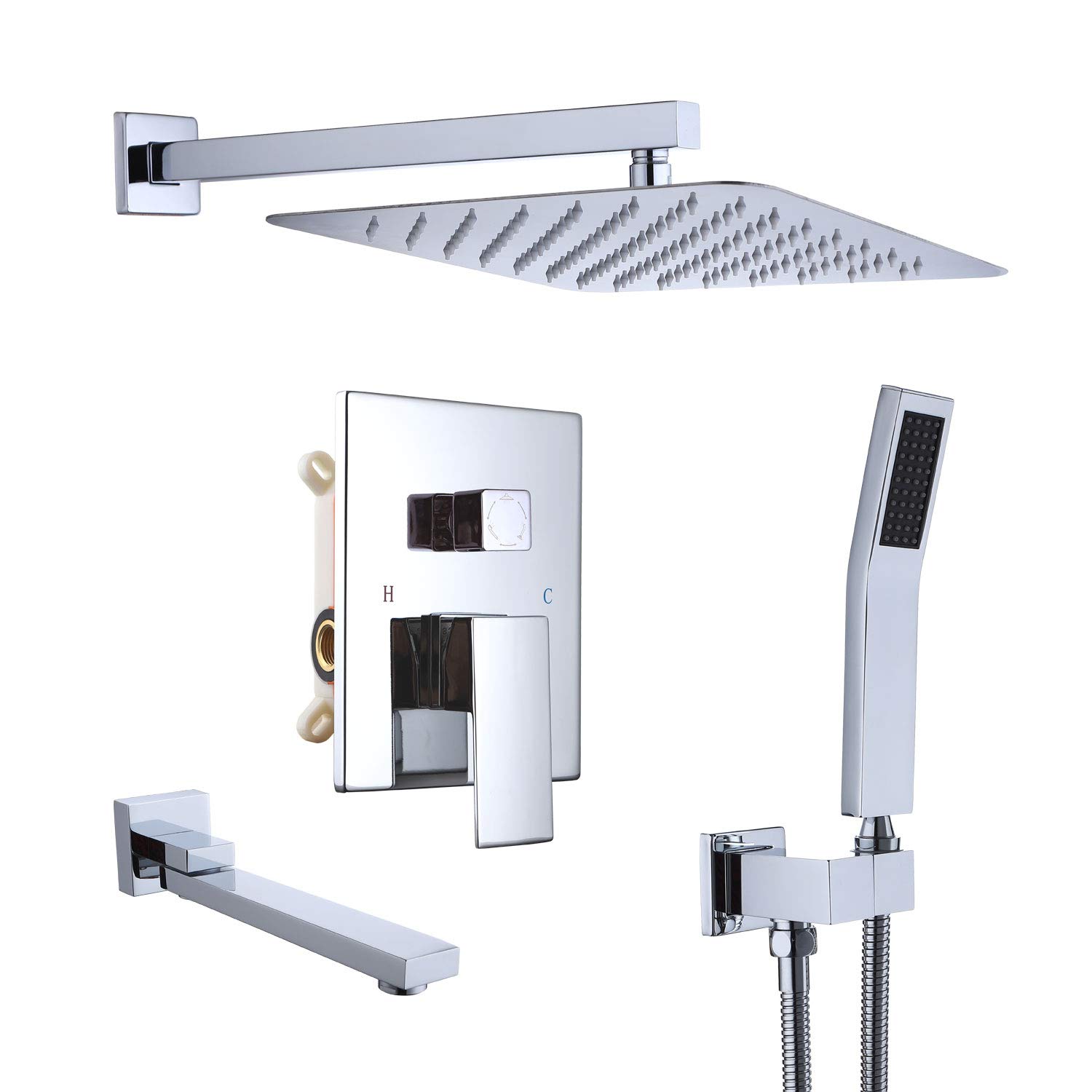 Premium Brass Tub Shower Faucet Set with Anti-Scald Valve - 10 Inch Rainfall Showerhead, Handheld Shower & Tub Spout - Wall Mounted Polished Chrome Finish for Bathroom & Spa Relaxation