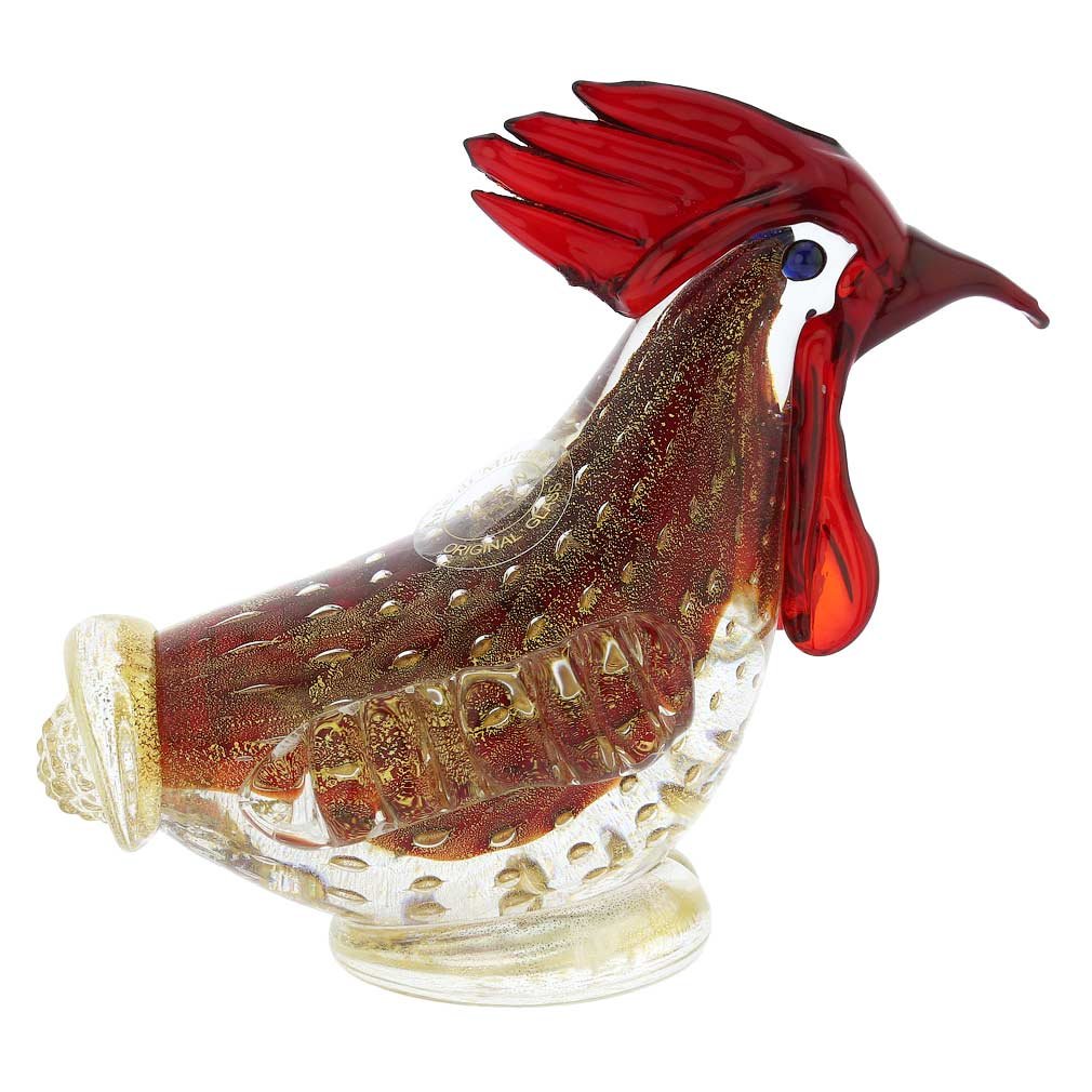 Authentic Murano Glass Bullicante Rooster Figurine - Handcrafted in Venice, Italy - Vibrant Red Home Decor | Perfect for Kitchen, Dining Room, or Gift Giving
