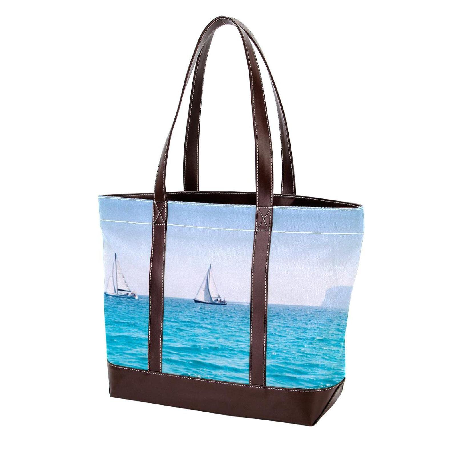 Stylish Large Leather Canvas Tote Bags for Women - Boat Sail Print Shoulder Satchel & Hobo Handbags | Perfect for Beach, Travel, Shopping & Everyday Use