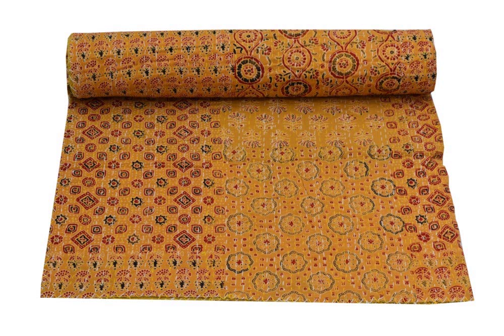 Sophia Art Queen Size Hand Block Print Kantha Quilt 90x108 Inch - Ajrakh Bedspread with Vegetable Dye | Indigo Print Cotton Blanket (Yellow Patch) for Bedroom Decor, Boho Chic Home, Guest Room & Cozy Throw